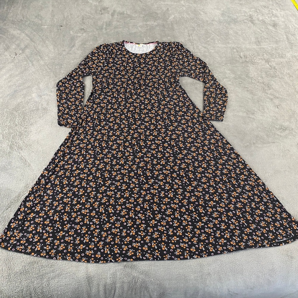 Boden Dress Womens 12 Black Floral A-Line Jersey Long Sleeve Crew Neck Midi Boho